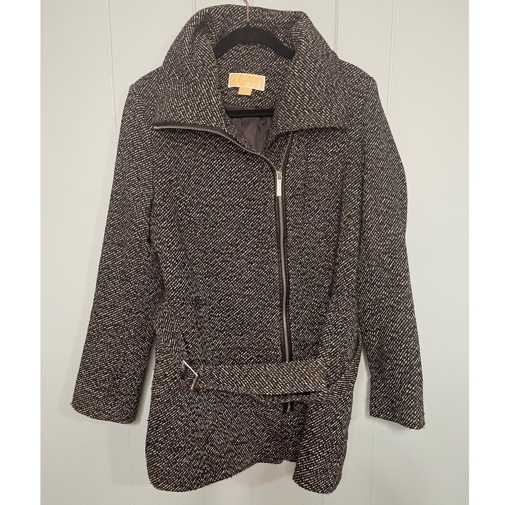 Michael Kors Women's Tweed Moto Jacket Full Zip Buckle Belted Coat, Size 10